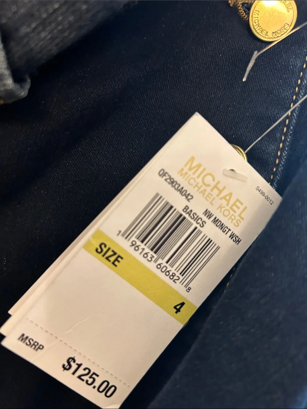New Michael Kors Dark Navy High-Rise Jeans with Gold-Tone Buttons fits sizes 4-6